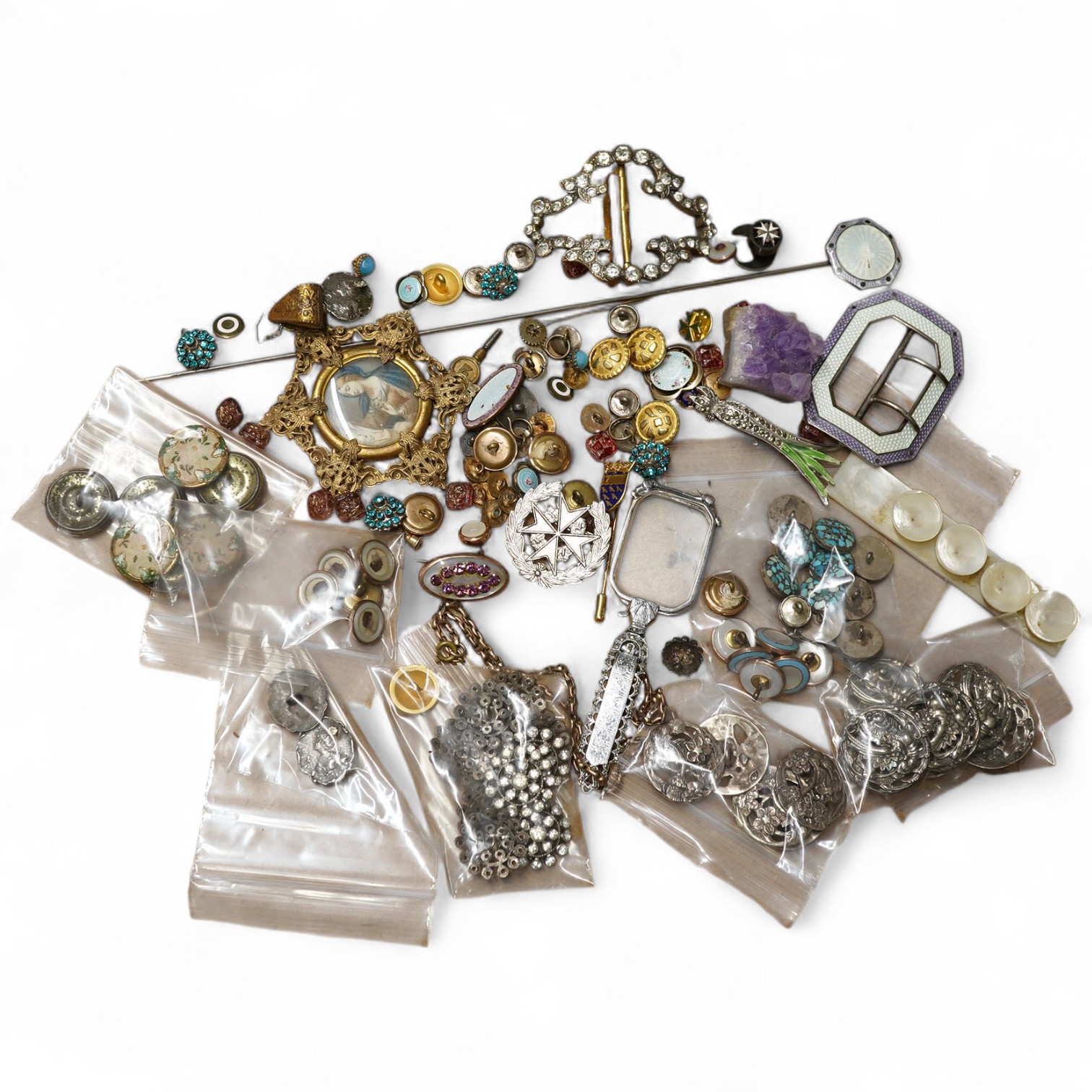 Set of six art nouveau silver buttons , Levi and Salaman and other buttons, links and enamel set